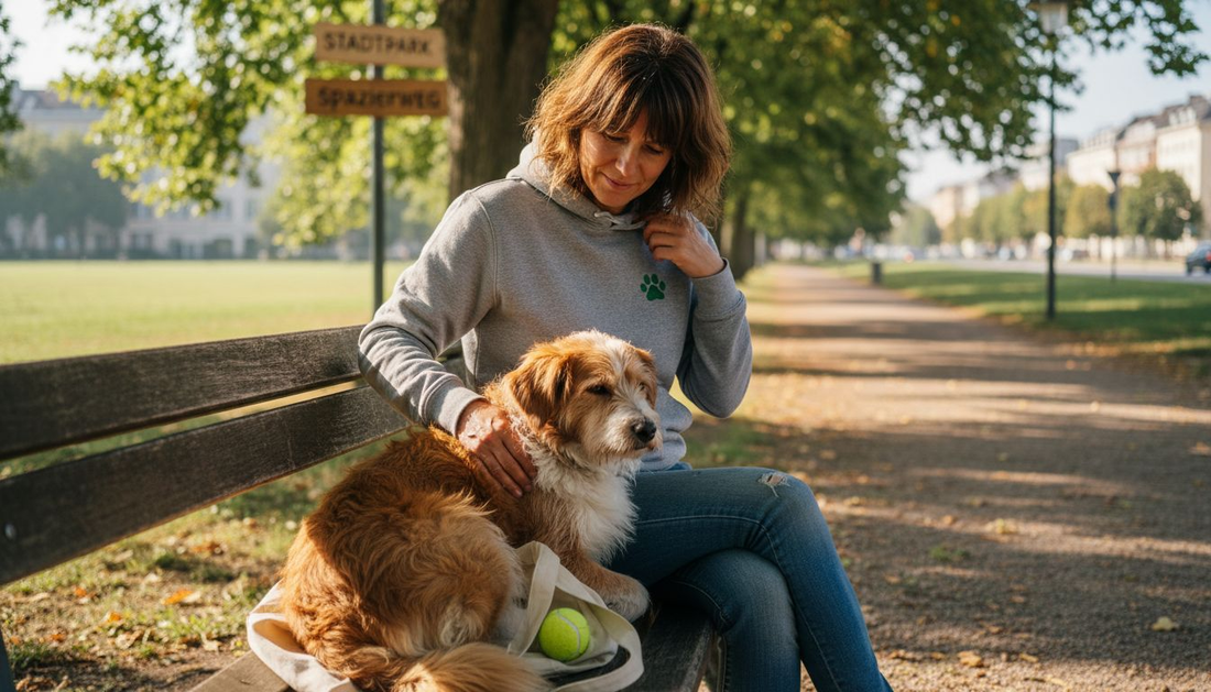 Eine Frau spaziert mit ihrem Hund durch den Stadtpark – beide tragen individuell gestaltete Hoodies.