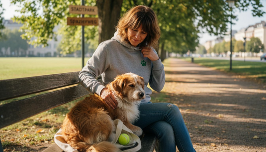 Eine Frau spaziert mit ihrem Hund durch den Stadtpark – beide tragen individuell gestaltete Hoodies.