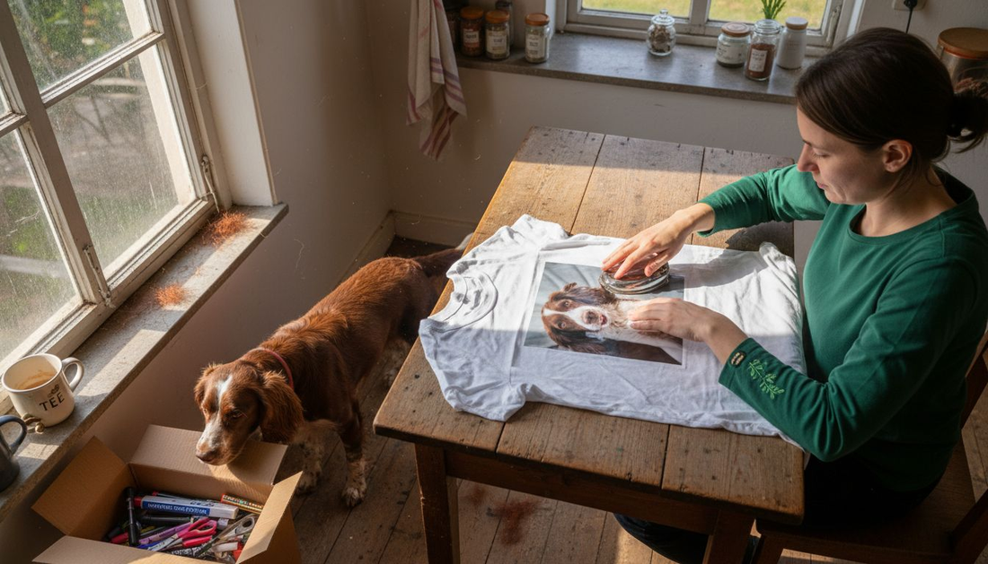 Ein Hundebesitzer sitzt am Küchentisch und gestaltet sein T-Shirt ganz nach seinen eigenen Vorstellungen.