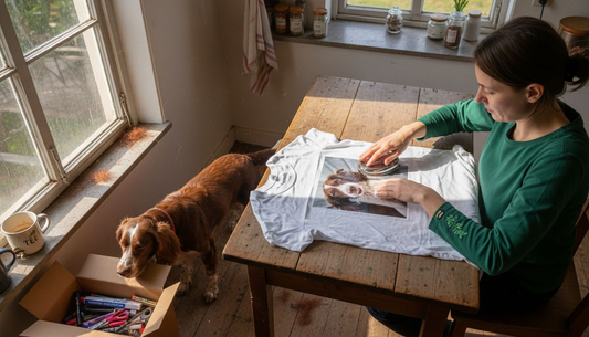Ein Hundebesitzer sitzt am Küchentisch und gestaltet sein T-Shirt ganz nach seinen eigenen Vorstellungen.