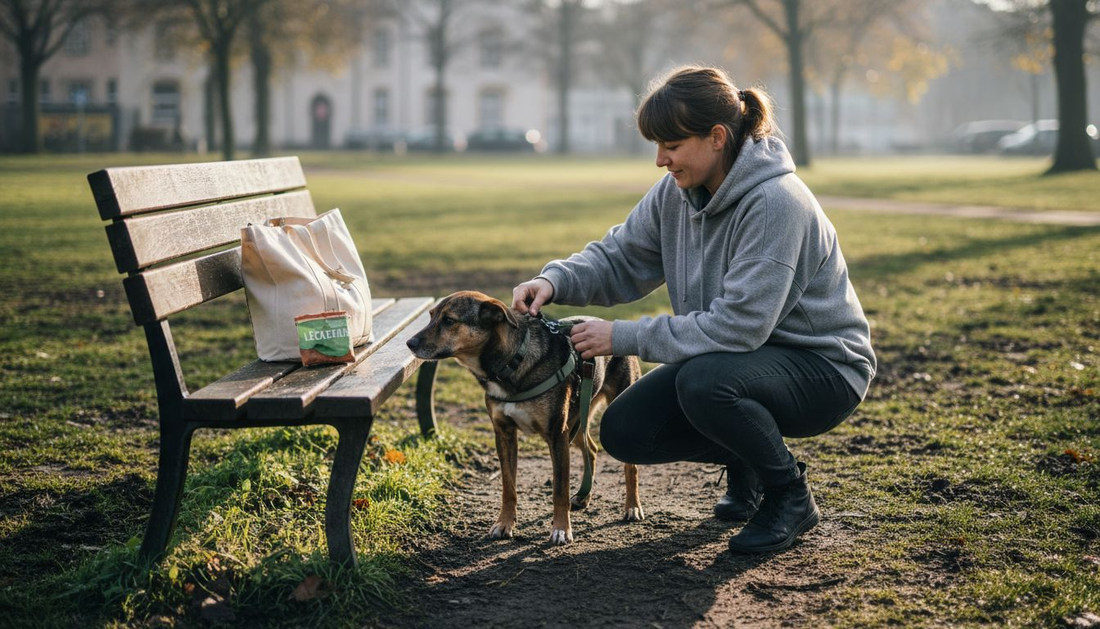 Eine Frau spaziert mit ihrem Hund durch den Park – ganz entspannt im Hoodie, mitten im Alltag.