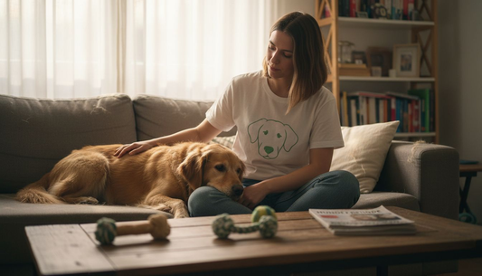 Eine Frau sitzt zusammen mit ihrem Hund und trägt dabei ein T-Shirt mit einem herzerwärmenden Hundemotiv.