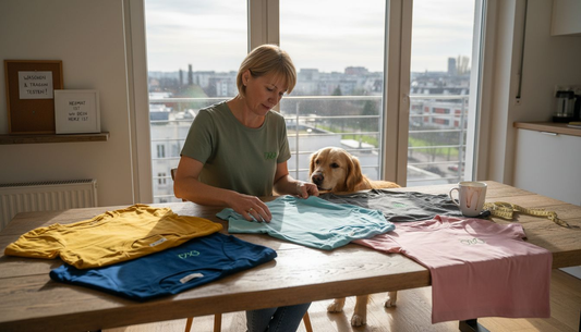 Eine Frau steht in der Küche und sucht sich ein T-Shirt aus, während ihr Hund neben ihr sitzt.