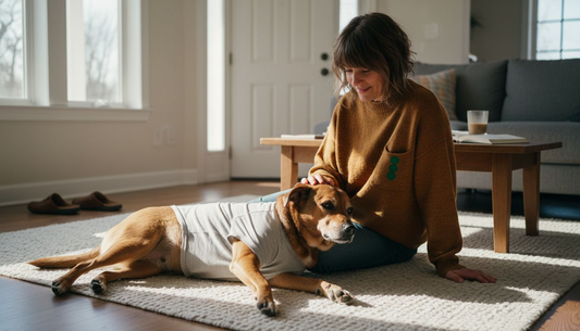 Ein Hund in einem schicken Outfit sitzt gemeinsam mit seiner Besitzerin gemütlich im Wohnzimmer.