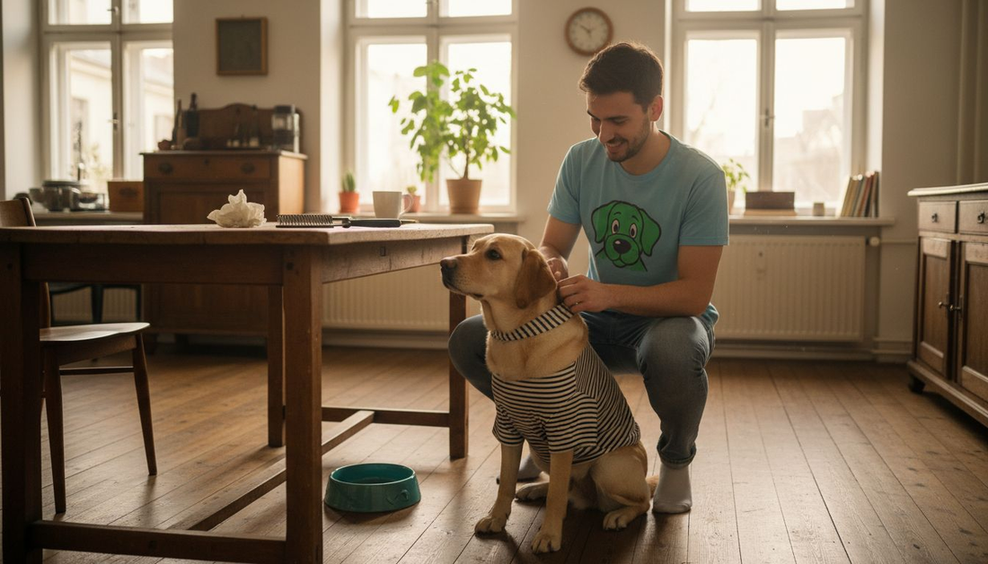 In einer hellen Küche zieht ein Mann seinem Hund ein T-Shirt über.