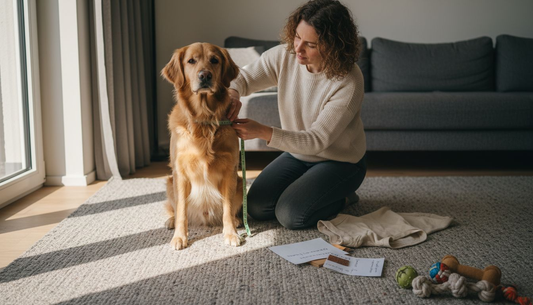 Der Hund wird auf dem Boden vermessen, während verschiedene Stoffmuster neben ihm ausgebreitet sind.