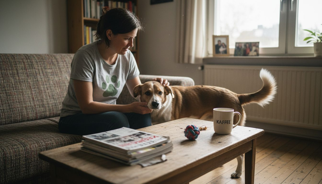Ein Hundebesitzer sitzt im T-Shirt gemütlich auf dem Sofa und streichelt liebevoll seinen Hund.