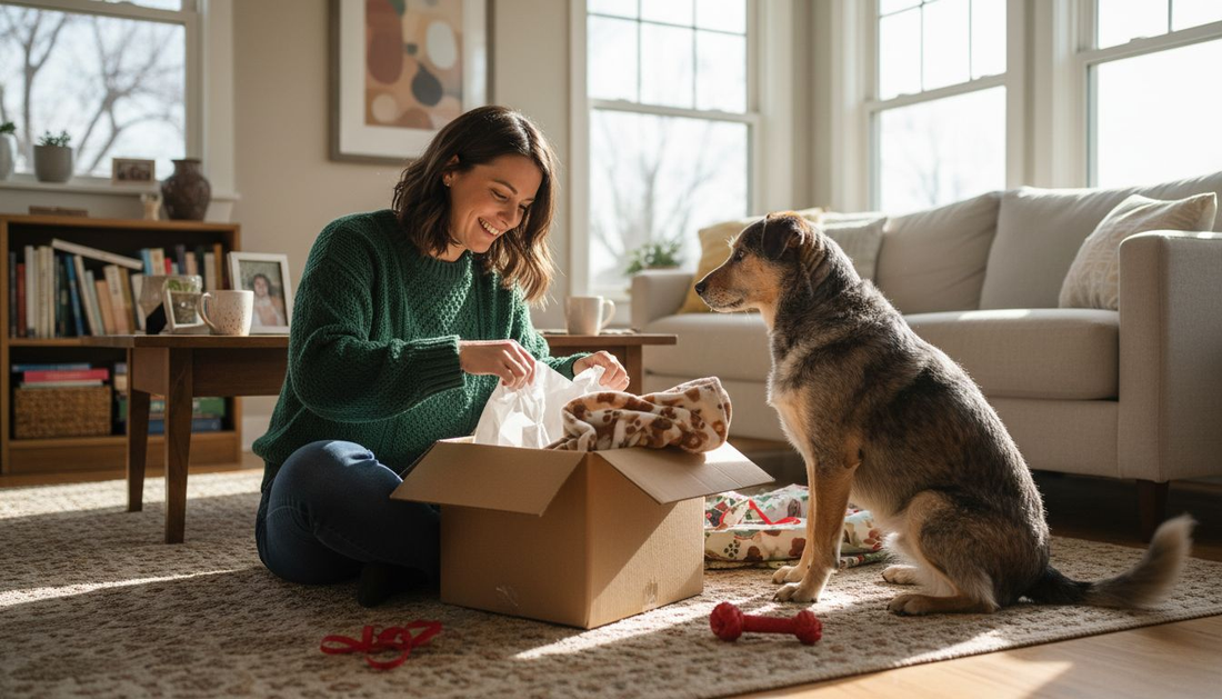 Ein Hundebesitzer packt voller Vorfreude eine individuell gestaltete Hundedecke aus.