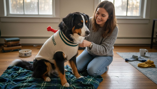 Ein Hund in modischer Kleidung bei einem lockeren Fotoshooting.