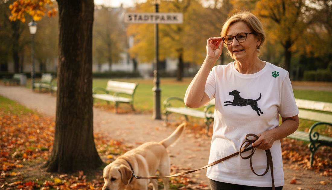 Eine Hundeliebhaberin spaziert mit ihrem Vierbeiner durch den Park und trägt dabei ein auffälliges Shirt mit einem coolen Spruch.