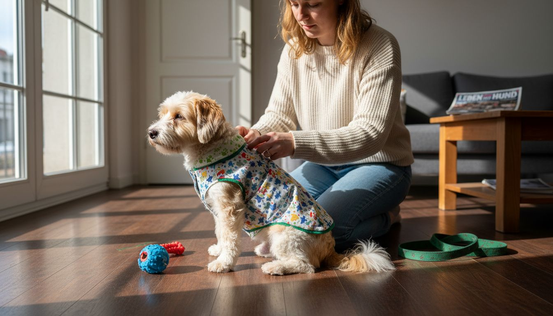 Ein Hund trägt drinnen zusammen mit seinem Besitzer eine individuell angefertigte Jacke.