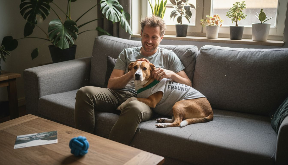 Ein Mann streichelt seinen Hund, der ein individuell gestaltetes Hundeshirt trägt.