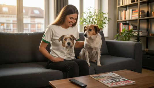 Im Wohnzimmer betrachtet eine Frau ihr T-Shirt mit Hundemotiv.
