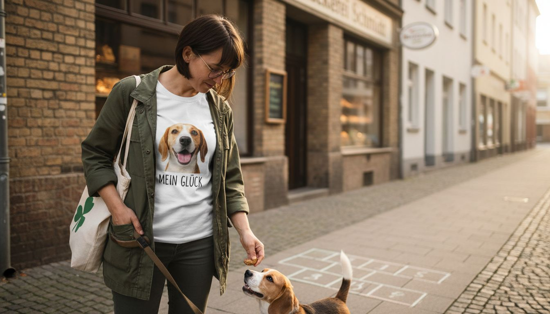 Begeisterte Hundebesitzerin mit individuell gestaltetem T-Shirt und ihrem Beagle an der Seite