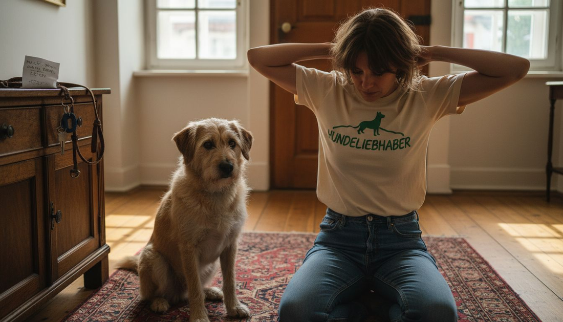 Im Flur zieht eine Frau ihr Lieblingsshirt mit Hunde-Motiv an.