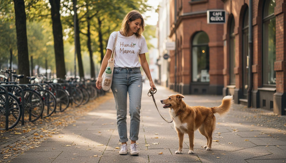 Eine Frau spaziert mit ihrem Hund durch den Park – dabei trägt sie ein T-Shirt mit der Aufschrift 'Dog Mom'.