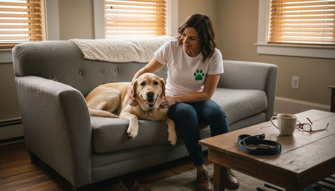Eine Frau streichelt ihren Hund, der ein individuell bedrucktes T-Shirt trägt.