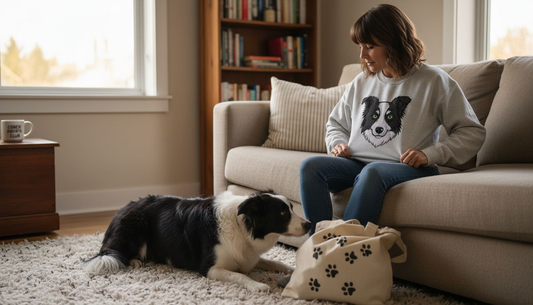 Eine Frau sitzt entspannt mit ihrem Hund auf dem Sofa und trägt ein T-Shirt mit Hundemotiv.