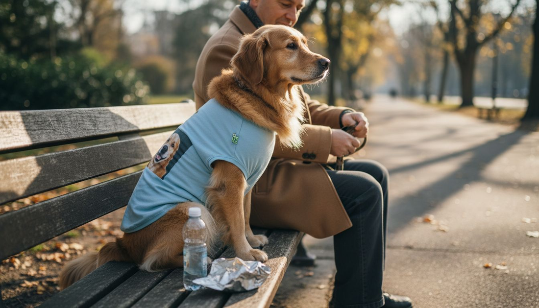 Ein Hund trägt im Park ein T-Shirt mit seinem eigenen Foto darauf.