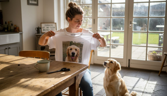 Eine Frau begutachtet am Tisch ein T-Shirt mit einem Hundefoto darauf.