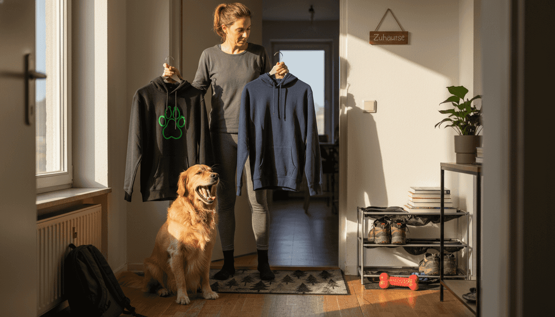 Eine Frau probiert gemeinsam mit ihrem Hund zwei verschiedene Hoodies an und vergleicht, welcher besser passt.