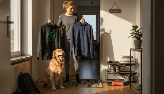 Eine Frau probiert gemeinsam mit ihrem Hund zwei verschiedene Hoodies an und vergleicht, welcher besser passt.