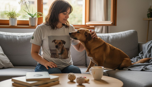 Eine Frau sitzt gemütlich mit ihrem Hund auf dem Sofa und trägt dabei ein T-Shirt mit Hunde-Motiv.