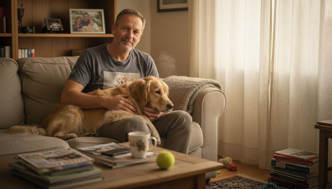 Ein Mann sitzt gemeinsam mit seinem Hund gemütlich auf dem Sofa – das individuell gestaltete T-Shirt ist dabei gut zu sehen.