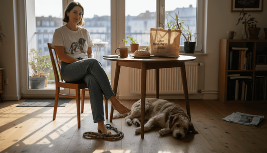 Hundehalterin unterwegs mit ihrem Vierbeiner und einem individuell bedruckten T-Shirt