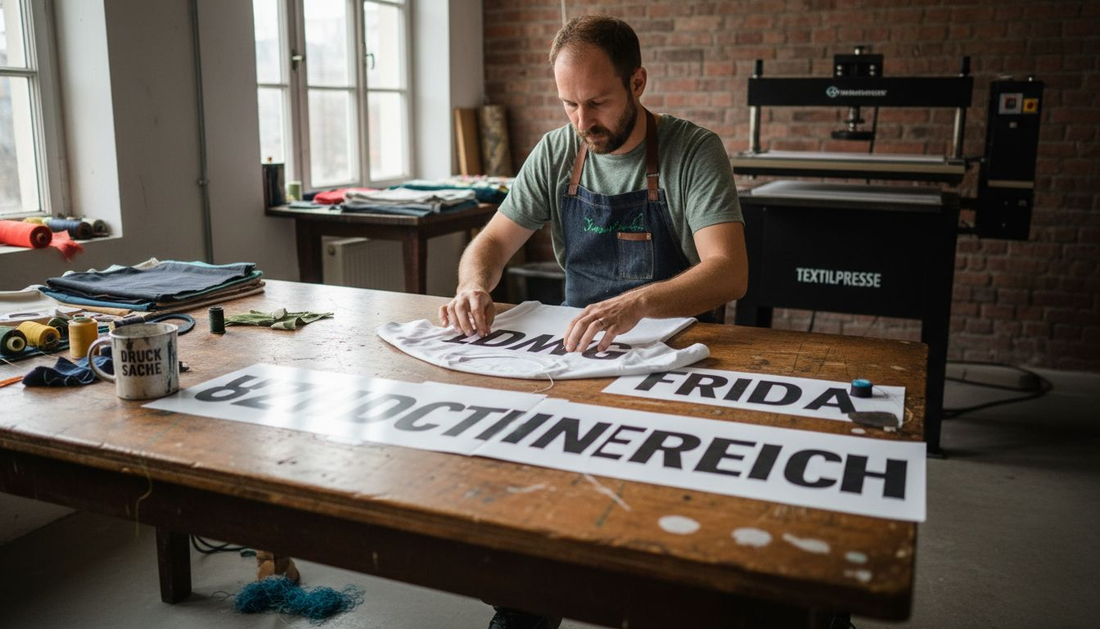 Ein Textildrucker bereitet gerade ein T-Shirt vor und bringt den Namen eines Hundes darauf an.