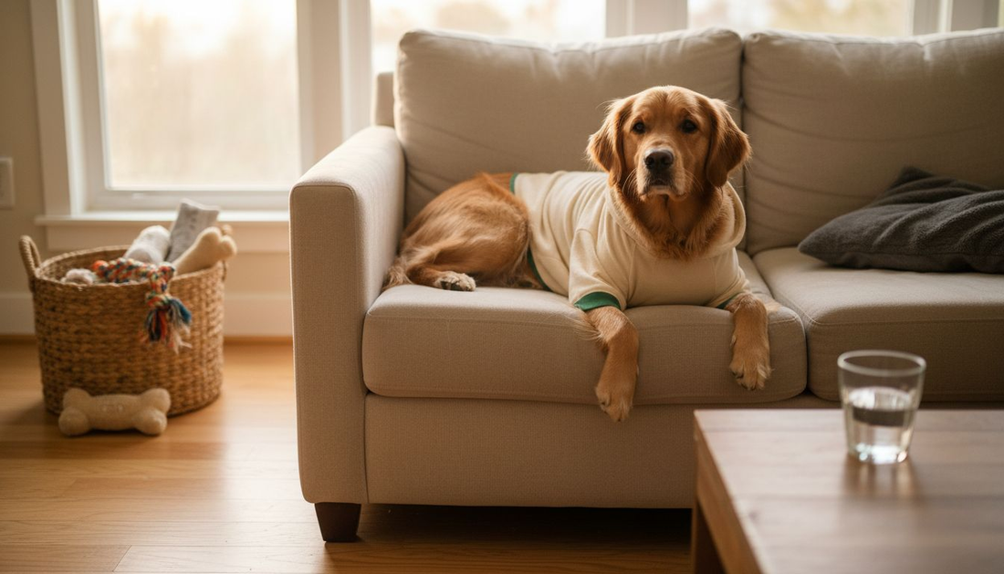 Ein Hund im Hoodie macht es sich auf dem Sofa im Wohnzimmer gemütlich.