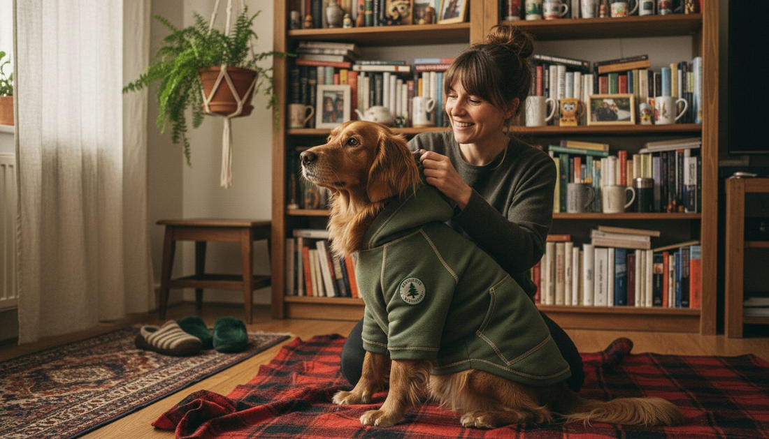 Ein Hund im individuell gestalteten Hoodie kuschelt mit seiner Besitzerin im Wohnzimmer.