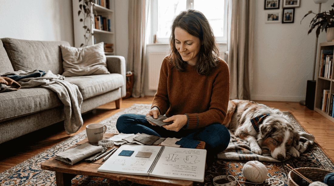 Eine Frau begutachtet verschiedene Stoffe, um daraus bequeme und stilvolle Hundebekleidung herzustellen.