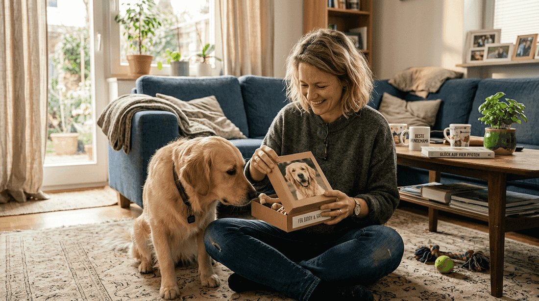 Im Wohnzimmer packt eine Hundebesitzerin ihr Geschenk aus.