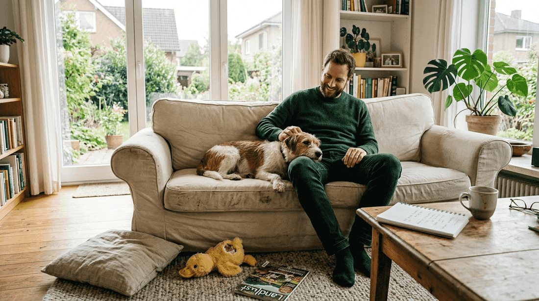 Im Wohnzimmer sitzt jemand und krault liebevoll seinen Hund.