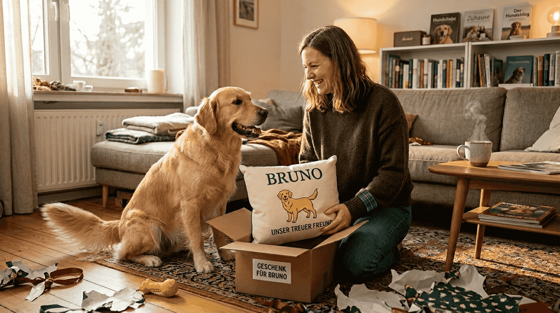 Eine Frau überrascht den Hundebesitzer mit einem individuell gestalteten Kissen im Look seines Vierbeiners.