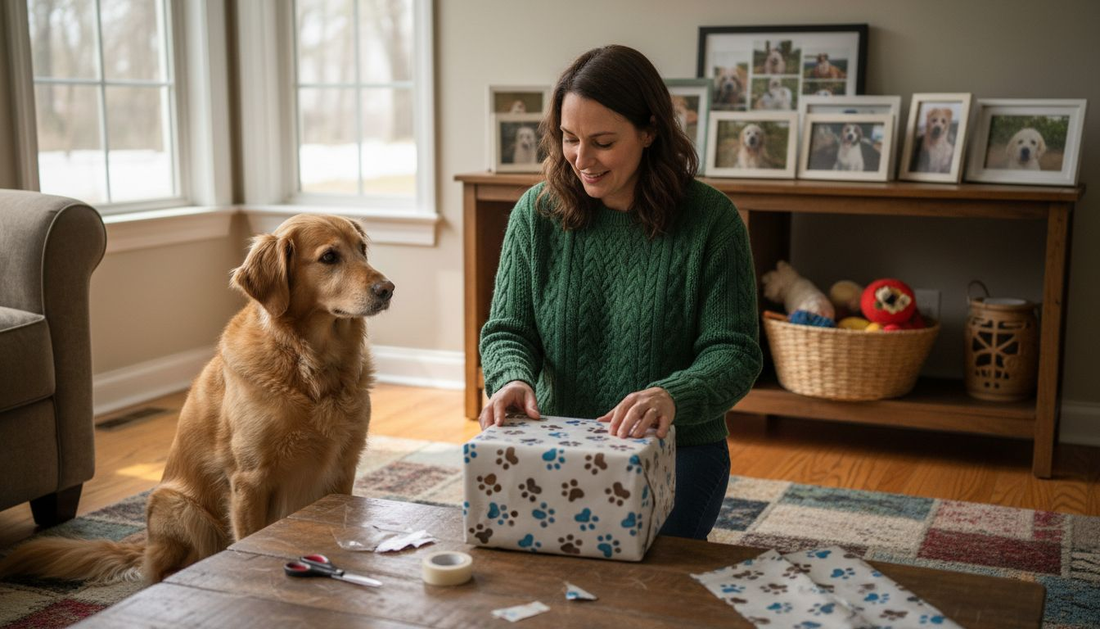 Ein Hundebesitzer verpackt ein Geschenk mit Pfotenabdruck-Motiv.
