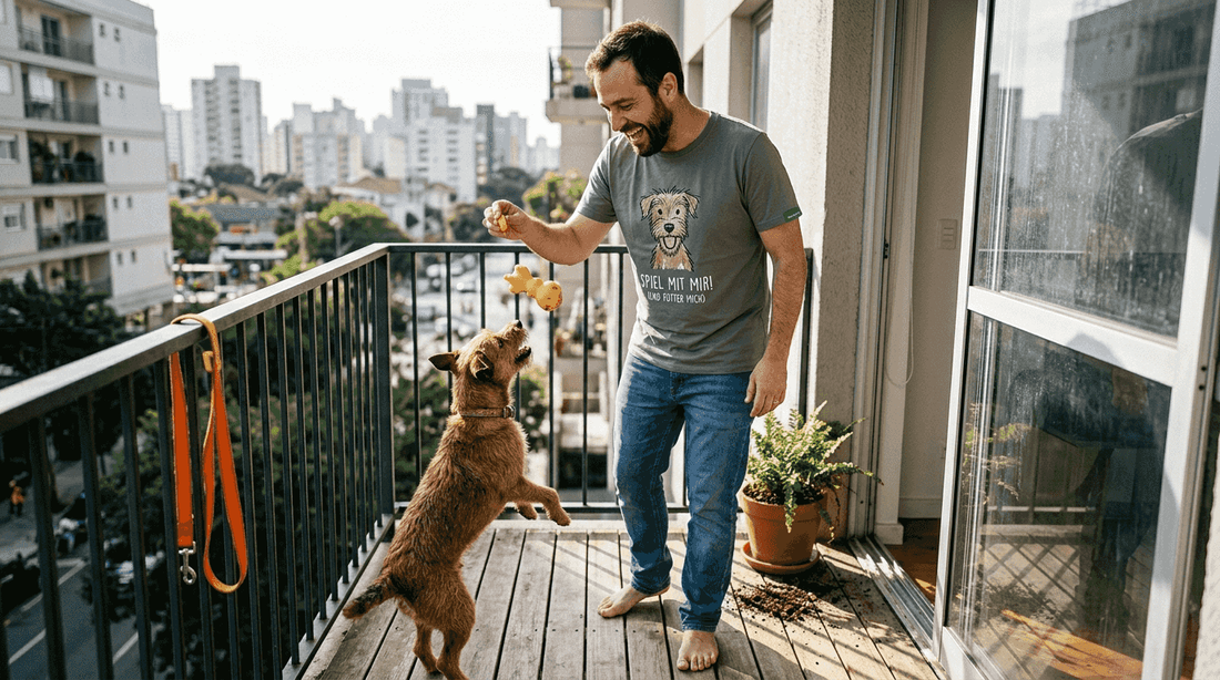 Ein Mann im lässigen Dog Dad-Look spielt ausgelassen mit seinem Hund.