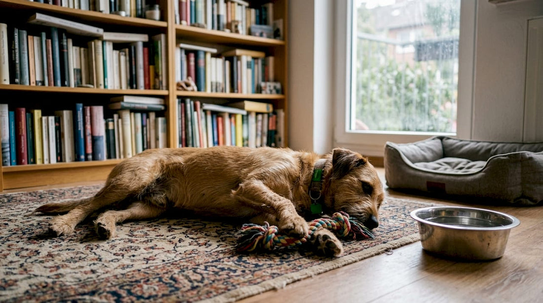 Im Wohnzimmer macht es sich der Hund gemütlich, frisst aus seinem Napf und spielt mit seinem Lieblingsspielzeug.
