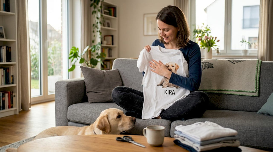 Eine Hundebesitzerin wirft einen begeisterten Blick auf das individuell gestaltete T-Shirt ihres Vierbeiners.