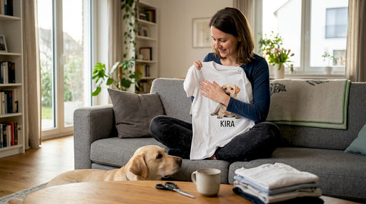 Eine Hundebesitzerin wirft einen begeisterten Blick auf das individuell gestaltete T-Shirt ihres Vierbeiners.
