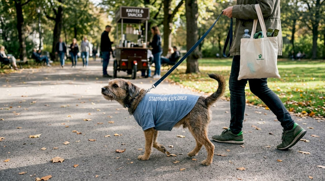 Ein Hund spaziert mit einem lustigen Sprüche-T-Shirt durch den Stadtpark.