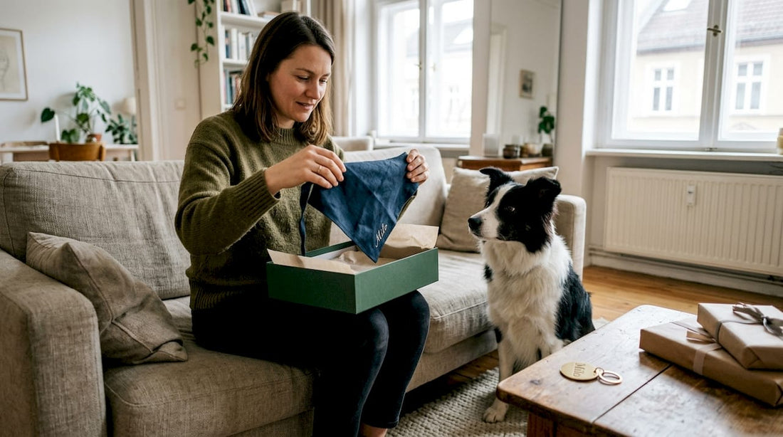 Eine Frau öffnet die Verpackung eines individuell gravierten Hundehalsbands.