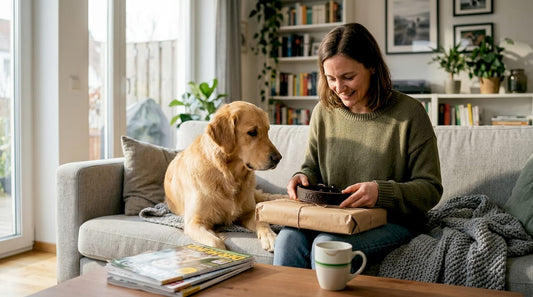 Eine Frau packt zu Hause ein individuell gestaltetes Geschenk für ihren Hund aus.
