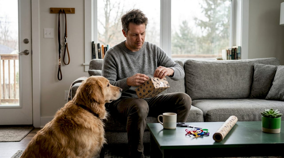 Im Wohnzimmer bereitet ein Hundebesitzer gemeinsam mit seinem Vierbeiner ein Geschenk zum Verpacken vor.