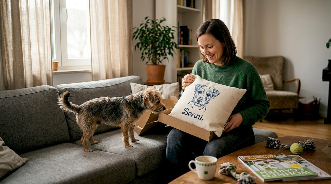 Eine Frau packt ein personalisiertes Hundekissen als Geschenk aus.