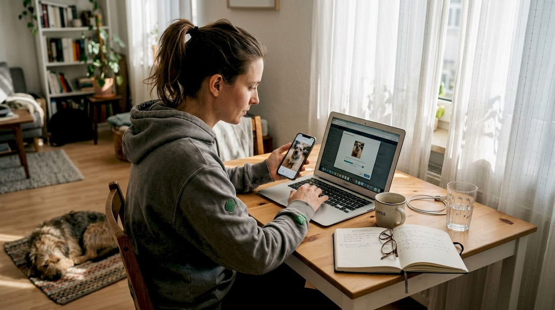 Frau lädt ein Foto hoch, um ihren Kapuzenpullover individuell gestalten zu lassen.