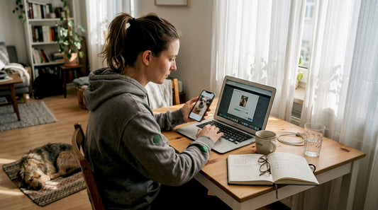 Frau lädt ein Foto hoch, um ihren Kapuzenpullover individuell gestalten zu lassen.