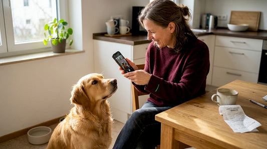 Eine Frau fotografiert ihren Hund am Küchentisch.