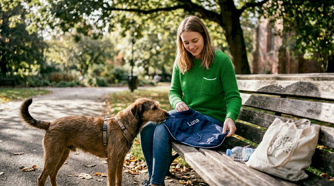 Mit einem individuell bestickten Hundemantel inklusive Namen wird der Spaziergang im Stadtpark zum echten Hingucker.
